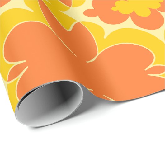 Retro Orange Floral Design auf Mustard gelb Geschenkpapier (Rolleneckpunkt)