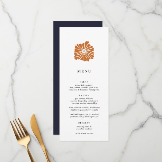 Retro Orange Floral Logo Wedding Menükarte (Vorderseite/Rückseite Beispiel)