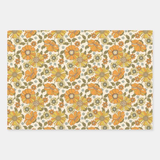 Retro Orange Floral Wrapping Paper Flachblatt Geschenkpapier Set (Vorderseite)