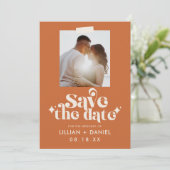 Retro Orange Foto Ankündigung Datum freihalten (Stehend Vorderseite)