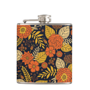 Retro Orange, Gelb & Marineblume Flachmann