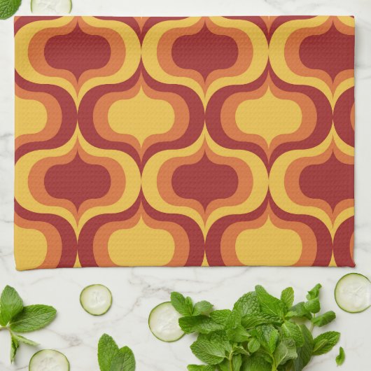 Retro Orange-Gelbes rotes Ogee-Muster Mitte des Ja Geschirrtuch (Gefaltet)