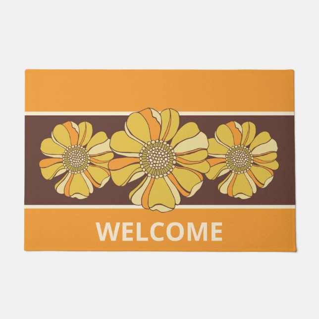 Retro Orange Gold Groovy Floral Fußmatte (Vorderseite)