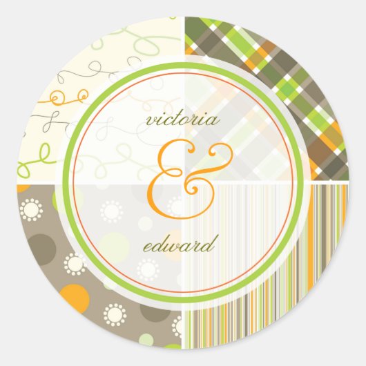 Retro Orange Green Combo Pattern Hochzeitsticker Runder Aufkleber (Vorderseite)