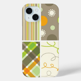 Retro Orange Green Kariert Pattern Dots Scribbles iPhone 15 Hülle