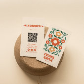 Retro Orange Green QR Code Groovy Floral Boho Visitenkarte