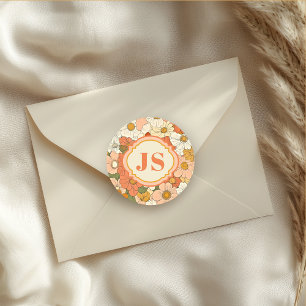 Retro Orange Groove Floral Round Sticker