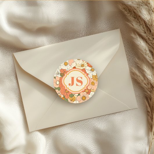 Retro Orange Groove Floral Round Sticker
