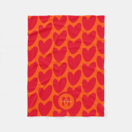 Retro Orange Groovy Red Hearts Name über Monogramm Fleecedecke