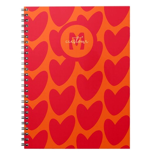 Retro Orange Groovy Red Hearts Name über Monogramm Notizblock (Vorderseite)