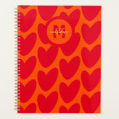 Retro Orange Groovy Red Hearts Name über Monogramm Planer (Vorderseite)