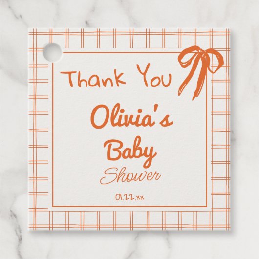 Retro Orange Hand Drawn Gingham Bow Babydusche Geschenkanhänger (Vorderseite)