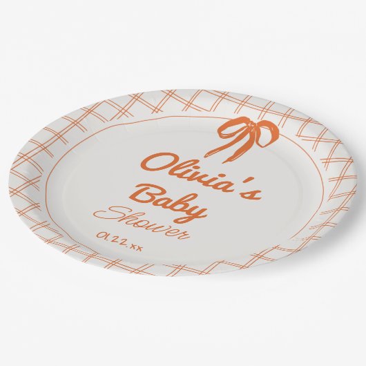 Retro Orange Hand Drawn Written Bow Baby Shower Pappteller (Schrägansicht)