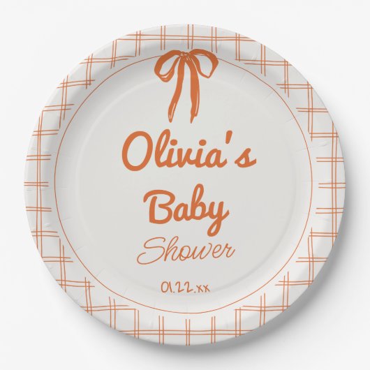 Retro Orange Hand Drawn Written Bow Baby Shower Pappteller (Vorderseite)