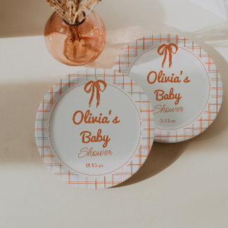 Retro Orange Hand Drawn Written Bow Baby Shower Pappteller