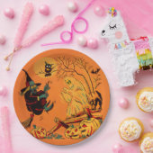 Retro Orange Hexe Halloween  Pappteller (Party)