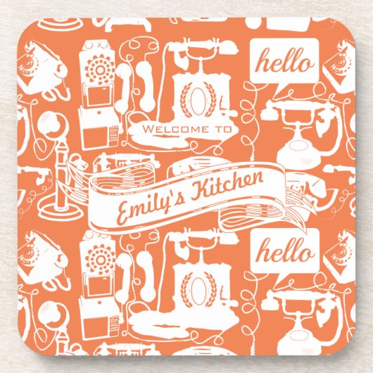 Retro-Orange- oder Farbtelephonmuster Untersetzer (Vorderseite)