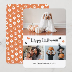 Retro Orange Paw Print Pet Foto Halloween Card Feiertagskarte