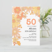 Retro Orange Peach Blume Groovy 50. Einladung (Stehend Vorderseite)