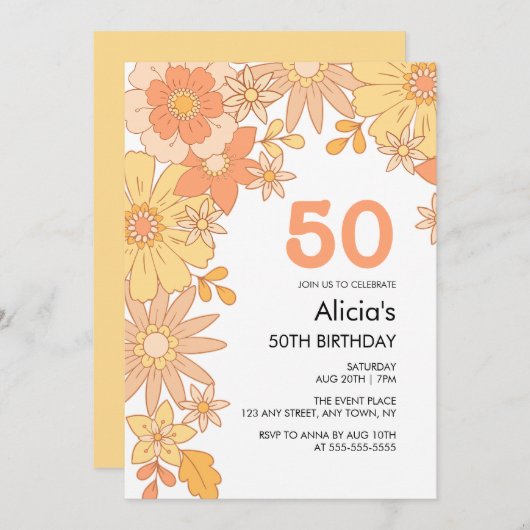Retro Orange Peach Blume Groovy 50. Einladung (Vorne/Hinten)