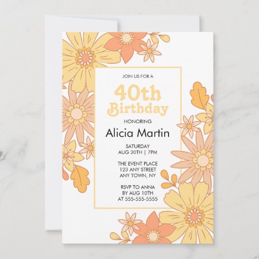 Retro Orange Peach Flora Groovy 40. Einladung (Vorderseite)
