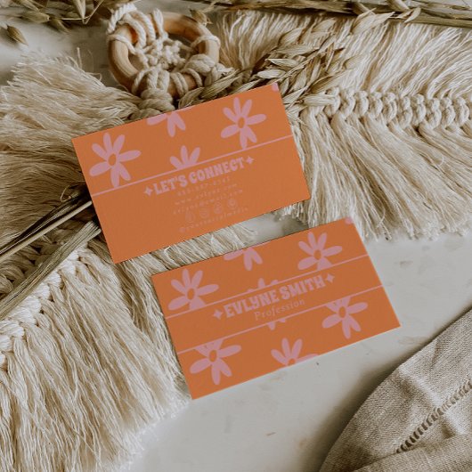 Retro Orange Pink 70s Groovy Floral Boho Girly Fun Visitenkarte