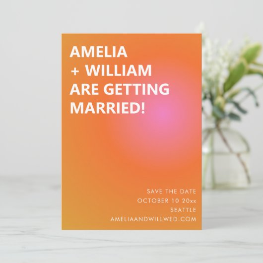 Retro Orange Pink Bold Gradient Modern Wedding  Save The Date (Stehend Vorderseite)
