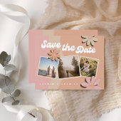 Retro Orange Pink Foto Hochzeit Speichern Sie das Ankündigung