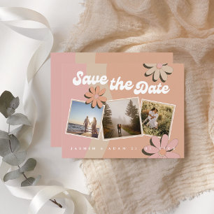 Retro Orange Pink Foto Hochzeit Speichern Sie das  Ankündigung