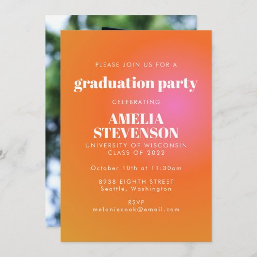 Retro Orange Pink Gradient Foto Graduation Party Einladung (Vorne/Hinten)