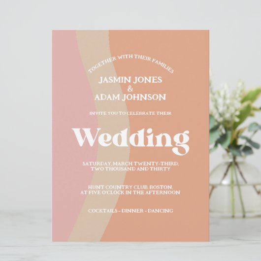 Retro Orange Pink Groovy Hochzeit Einladung (Stehend Vorderseite)