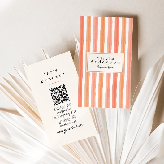 Retro Orange Pink Hand Drawn Stripes Girly QR Code Visitenkarte