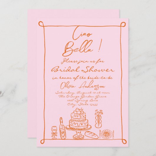 Retro Orange Pink Handgezeichnetes italienisches B Einladung (Vorne/Hinten)