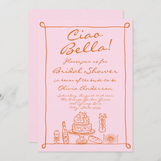 Retro Orange Pink Handgezeichnetes italienisches B Einladung (Vorne/Hinten)