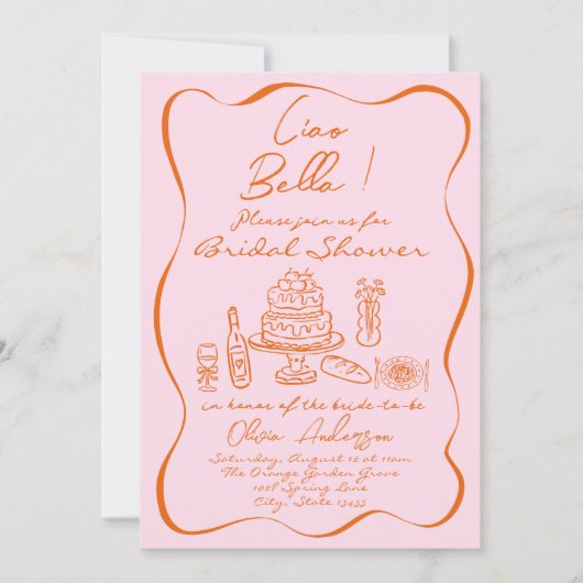 Retro Orange Pink Handgezeichnetes italienisches B Einladung (Vorderseite)