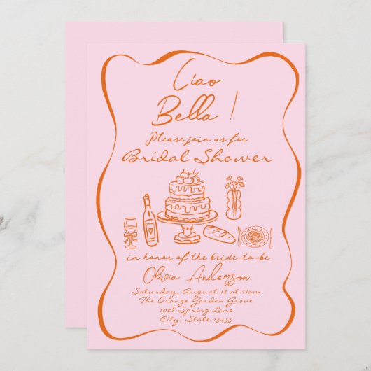 Retro Orange Pink Handgezeichnetes italienisches B Einladung (Vorne/Hinten)