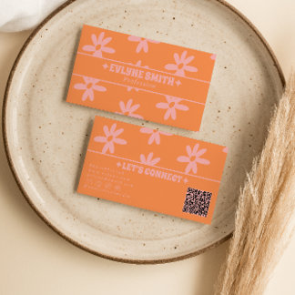 Retro Orange Pink QR Code 70s Groovy Floral Girly Visitenkarte