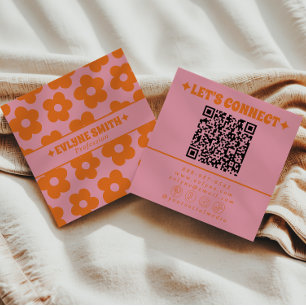 Retro Orange Pink QR-Code Groovy Floral Trendig Lu Quadratische Visitenkarte