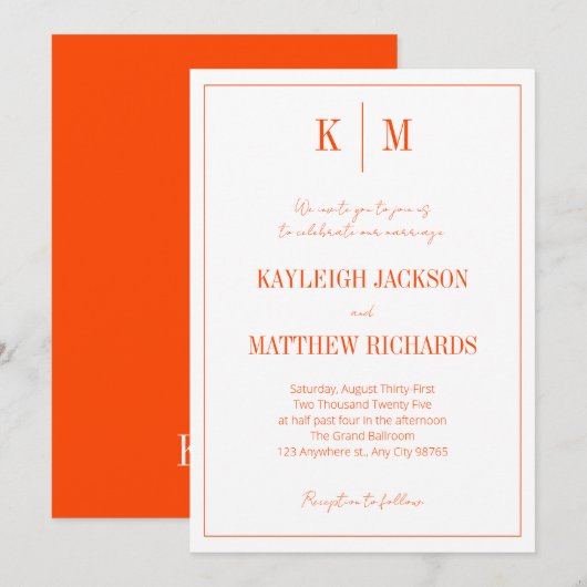Retro Orange Red Monogram Elegant Wedding  Einladung (Vorne/Hinten)