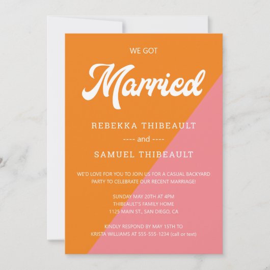 Retro Orange Rosa Farbblock Hochzeitsklotz Lässige Einladung (Vorderseite)