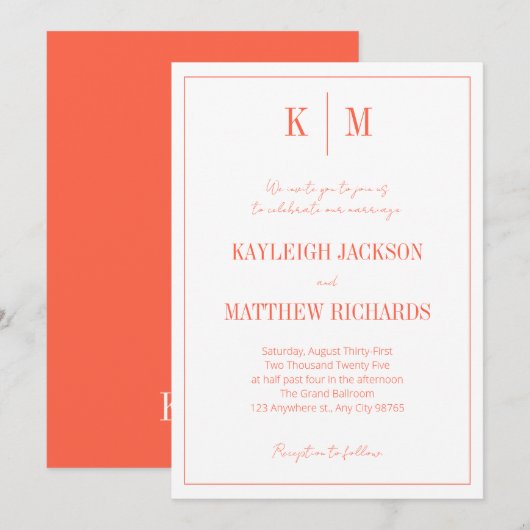 Retro Orange-Rot-Monogramm Elegante Hochzeit Einladung (Vorne/Hinten)