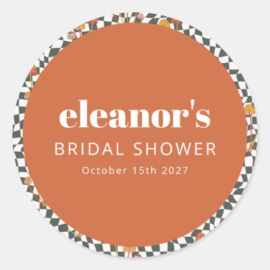 Retro Orange Schachbrett Mushroom Custom Brautpart Runder Aufkleber (Vorderseite)