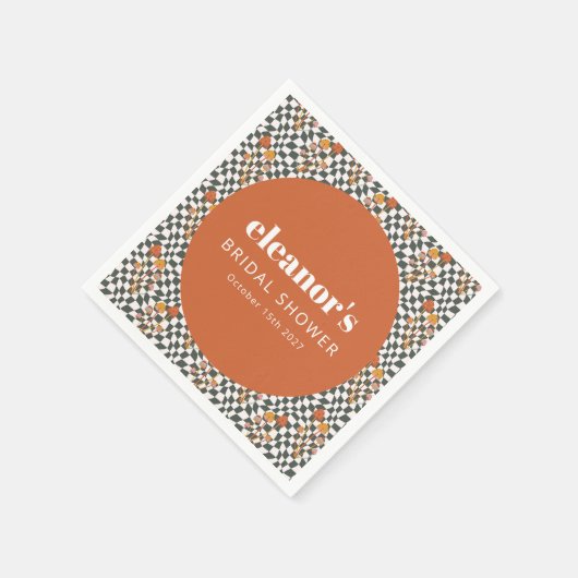 Retro Orange Schachbrett Mushroom Custom Brautpart Serviette (Ecke)