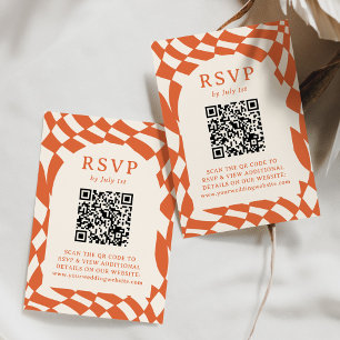 Retro Orange Schachbrett QR-Code Hochzeit RSVP Karte