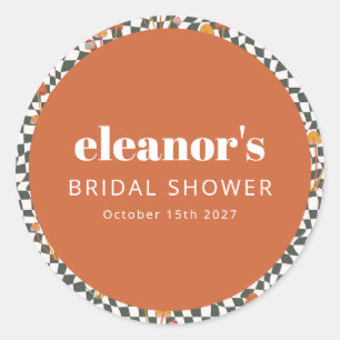 Retro Orange Schachbrettmuster Pilz Hochzeitsdusch Runder Aufkleber