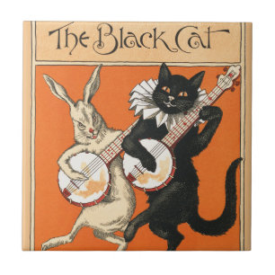 Retro Orange Schwarze Katze Weißes Kaninchen Banjo Fliese