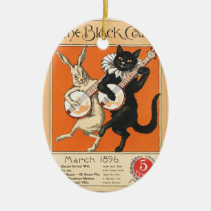 Retro Orange Schwarze Katze Weißes Kaninchen Banjo Keramik Ornament