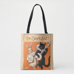 Retro Orange Schwarze Katze Weißes Kaninchen Banjo Tasche