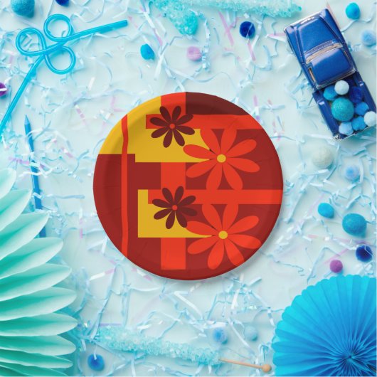 Retro orange Siebzigerjahre Pappteller (Party)