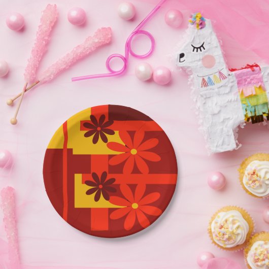 Retro orange Siebzigerjahre Pappteller (Party)